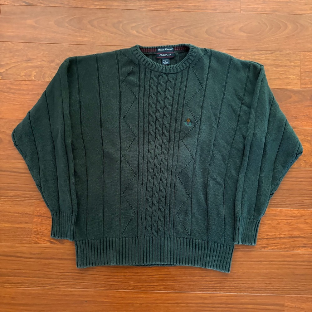 Gant Mens Sweater Large Green Cotton Cable Knit Crewneck Vintage Preppy Logo L